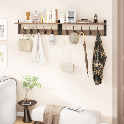 47.2" Coat Rack Wall Mount with Shelf and 10 Hooks, Silver Gray UHWS004Y-2 | 2 Pack Coat Hooks Wall Mount, Wood Wall Mounted Coat Rack with Hooks, Coat Hanger Wall Mount, Wall Hooks for Hanging - color: Silver Gray