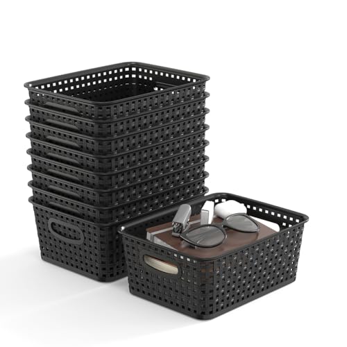 9-Pack Plastic Woven Storage Baskets Set - Black Organizer Bins for Shelves, Kitchen Pantry, Bathroom, Office | 10.1"L x 7.55"W x 4.1"H | Multi-Purpose Shelf Basket Organizers - color: Black