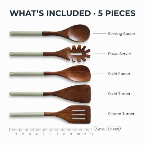 DI ORO Wooden Kitchen Utensil Set - 5-Piece Wooden Spoon & Spatula Set - Nonstick Cookware Safe Teak Wood Cooking Utensils - Heat-Resistant Kitchen Utensils Set with Silicone Handles (Sage) - color: Sage