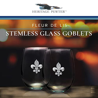 Heritage Pewter Fleur de Lis Stemless Glass Goblets – Set of 2 | 15 OZ Goblet Wine Glasses | Expertly Crafted Pewter Glass - style: Fleur de Lis