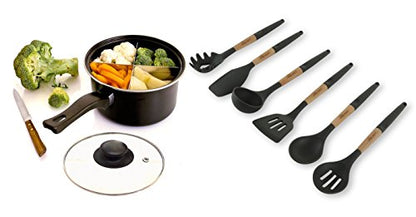 Silicone Cooking Utensils Set 6 Piece – Heat Resistant up to 480°F, BPA Free & Non-Scratch Kitchen Tools with Natural Wood Handles, Dark Gray - color: Dark Gray