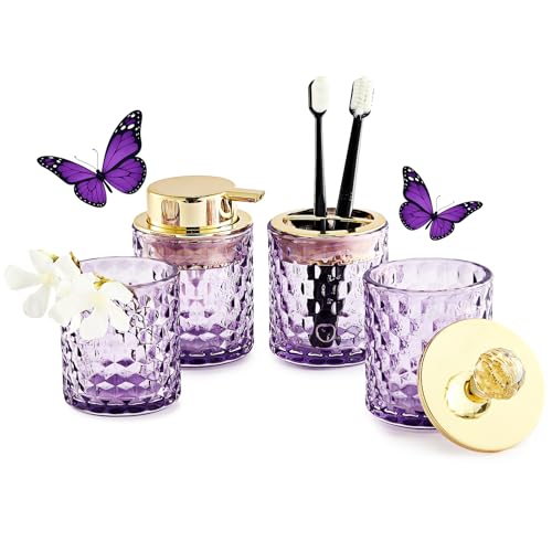 4Pcs Bathroom Accessories Set, Purple Glass Complete | Toothbrush Holder Set, Soap Dispenser, Qtip Holder, Tumbler, Perfect for Bathroom Decor and Vanity - color: Purple