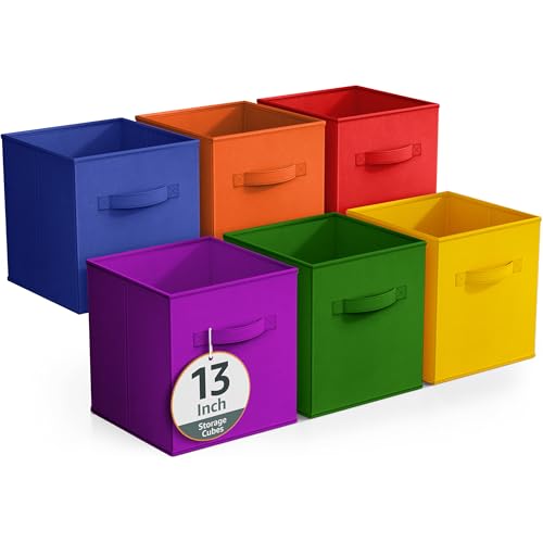 Sorbus 13 Inch Fabric Storage Cubes - Sturdy Collapsible Bins With Handle - 6 Foldable Baskets for Organizing Clothes, Toys, Books - Multi Colored Storage Baskets for Shelves, Kids Room, Closets - color: Deep Rainbow, size: 13 Inch