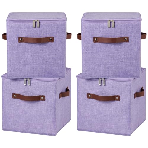 4PCS Storage Cubes with Lids Cotton Linen Fabric Bins Boxes | Decorative Foldable Washable Closet Shelf Organizer Clothes Container with PU Leather Handles, Zipper Lid, Purple, 11in - color: Purple ( Zipper Lid ), size: Set of 4 ( 11 in )