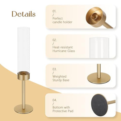 Ronasip Hurricane Candle Holders Set of 3, Matte Gold Metal Taper Candlestick Holders with Clear Glass Chimney Cylinder Tubes, Tall Candle Stands for Wedding, Christmas, Dining Table Centerpiece Decor