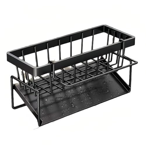 Carbon Steel Kitchen Sink Caddy, Sponge Holder Self Drain Soap Dish with Detachable Dishcloth Rack for Kitchen Countertop Organizer, Black - color: Black