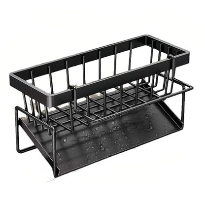 Carbon Steel Kitchen Sink Caddy, Sponge Holder Self Drain Soap Dish with Detachable Dishcloth Rack for Kitchen Countertop Organizer, Black - color: Black