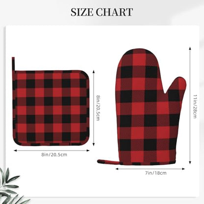 Red Black Buffalo Plaid Checker Oven Mitts and Pot Holders Set Silicone Heat Resistant Red Black Checker Kitchen Gloves Set Plaid Kitchen Mittens Pot Holders for BBQ Cooking - color: Red Black