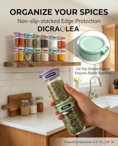 Newly Upgraded 24 Pcs Glass Spice Jars Set with Labels, 4oz Macaron Color Lids, Dual-Purpose Flip Cap, BPA-Free Empty Spice Containers for Kitchen Organization