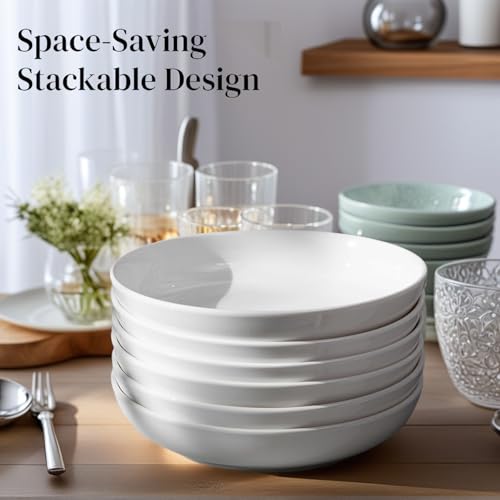 DeeCoo 7 Pack Porcelain Pasta Bowls Ceramic , Large Serving Bowl, Wide and Shallow, Set 8.3 Inch - 30 Ounce - for Pasta, Salad, Cereal, Soup & Microwave & Dishwasher Safe