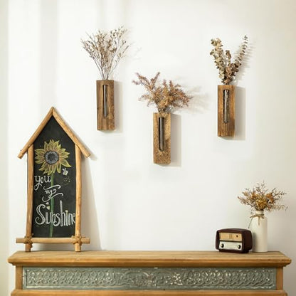 Farmhouse Wall Plant Propagation Station with Glass Tubes | Wall-Mounted Wood Vase with Borosilicate Glass Tube, for Plant Cuttings, Pothos, Herbs and Air Plants, Farmhouse Display - color: Brown