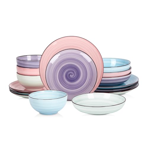 Selamica Ceramic 16-Pieces Dinnerware Set, Ceramic Dishes Set for 4, Kitchen Plates and Bowls Sets, Dinner Plates Set, Spray Black Dots, Gradient Color - color: Gradient Color, size: 16 Pieces