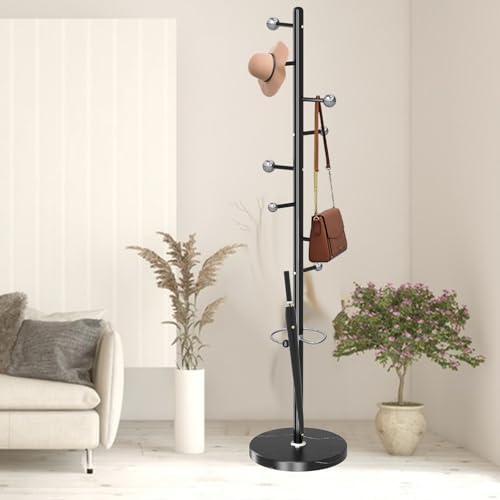 Coat Rack Stand, Black Metal Coat Rack Freestanding with 8 Hooks | Modern Coat Rack with Natural Marble Base,Modern Coat Hanger Stand, 3 Adjustable Coat Clothes Tree Stand for Office - color: Black-8 Ball Hooks
