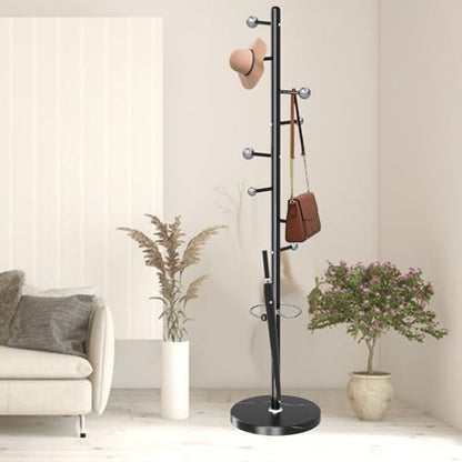 Coat Rack Stand, Black Metal Coat Rack Freestanding with 8 Hooks | Modern Coat Rack with Natural Marble Base,Modern Coat Hanger Stand, 3 Adjustable Coat Clothes Tree Stand for Office - color: Black-8 Ball Hooks