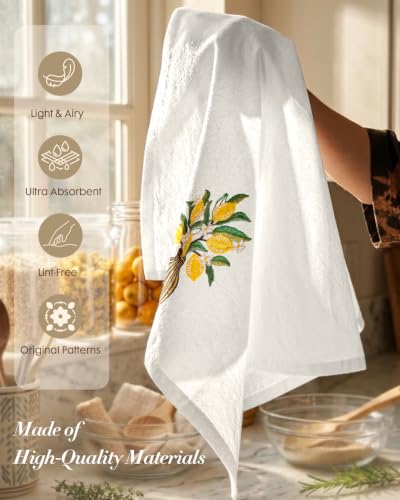 Embroidered Flour Sack Kitchen Towels, Lemon Branch | Exquisite Embroidery, Pure Cotton, Lightweight, Nostalgic Design, with Hanging Loop, Softer After Wash, Machine Washable - color: Lemon Branch