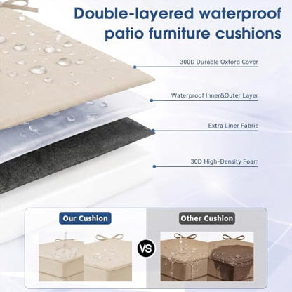 Outdoor Chair Cushions Set of 4, 19x19 Waterproof Patio Pads, Beige | Fade resistant fabric with ties, handle and 3-inch foam for dining seats, decks, porches, gardens and hard seating - color: Beige