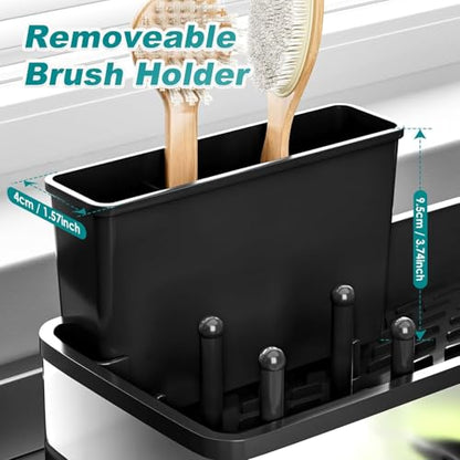 Kitchen Sink Caddy Organzier with High Brush Holder - Sponge Holder for Kitchen Sink with Towel Racks - Rustproof 304 Stainless Steel Kitchen Countertop Storage Essentials - color: Black