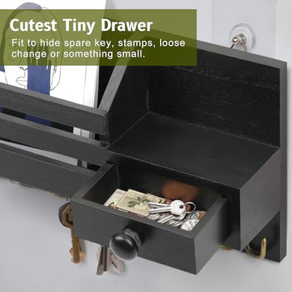 Key Holder Wall Mount, Wooden Key and Mail Organizer, Black | 2 Mount Options, Includes 8 Hooks, Fence Mail Slot, Small Drawer and Shelf, for Entryway, Hallway, Doorway, Living Room, RV - color: Black