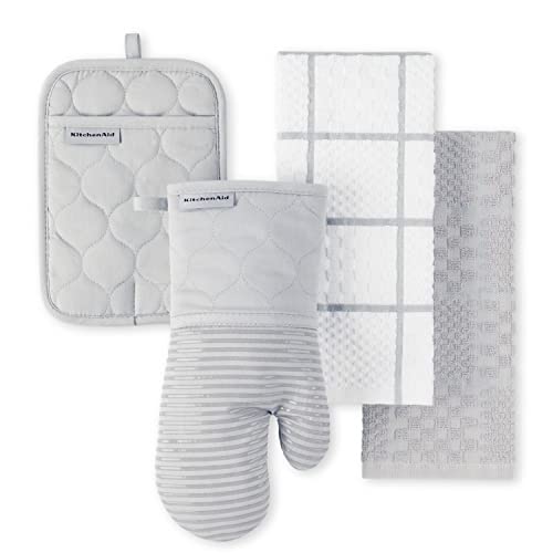 KITCHENAID Quilted Cotton Terry Cloth Oven Mitt, Pot Holder, Kitchen Towel 4-Pack Set, Heat Resistant, Silicone Grip, 16"x26", 7"x13" & 7"x10", Matte Grey - color: Matte Grey