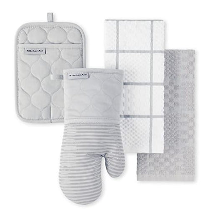 KITCHENAID Quilted Cotton Terry Cloth Oven Mitt, Pot Holder, Kitchen Towel 4-Pack Set, Heat Resistant, Silicone Grip, 16"x26", 7"x13" & 7"x10", Matte Grey - color: Matte Grey