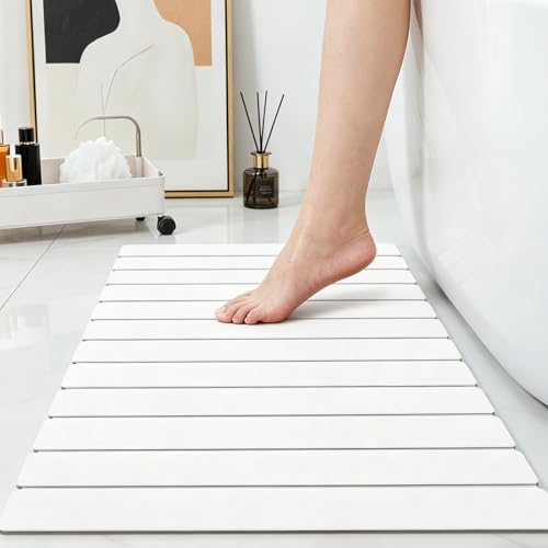 Stone Bath Mats Foldable Non-Slip Quick Dry Bathroom Rugs | White Super Absorbent Diatomaceous Earth. Folds Flat for Compact Storage. Easy to Clean. Sandpaper Included for Stain Removal - color: White, size: 1×Rug 15×24"+1×Non-slip Mat