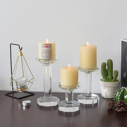 Crystal Candlestick Holders Set of 3, Clear Crystal Taper/Pillar Candles Holders– Table Centerpieces for Party and Wedding Decoration(4''/6''/8'' Tall)