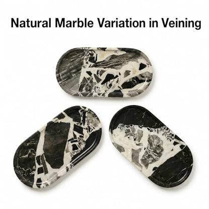 11.8 x 5.9 Inch Black White Veined Oval Marble Tray | Natural Stone Bathroom Vanity Organizer, Catchall Tray, For Perfume, Jewelry, Candles