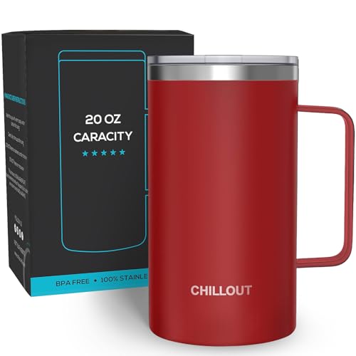 CHILLOUT LIFE Stainless Steel 20 oz Vacuum Insulated Coffee Mug with Handle and Lid, Large Thermal Camping Coffee Mug Cup with Durable Sliding Lid for Men & Women, Keeps your Beverages Hot/Cold - color: Cherry Red, size: 20 Ounces
