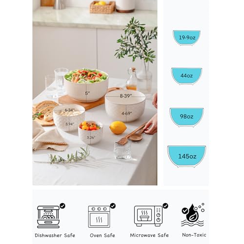 Mikiegy Ceramic Mixing Bowls Set of 4, Nesting Ceramic Embossment Stoneware Mixing Bowls for Cooking, Serving, Popcorn, Salad etc, Microwave & Dishwasher Safe, 20/44/98/145 oz, Off-White - size: 20&44&98&145 oz