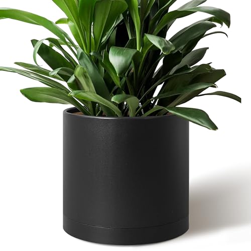 Giraffe Creation 12 Inch Cylinder Plant Pot, Modern Round Planter with Drainage Holes and Saucer, Lightweight Plastic Flower Pot for Indoor Outdoor Plants, Black - color: Black 12 Inch