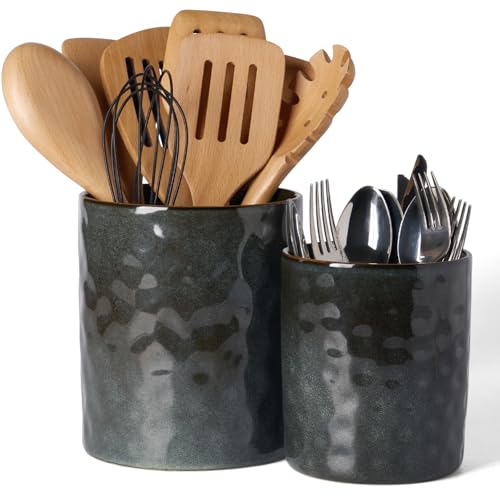 famiware Ceramic Utensil Holder, 7.2"+5.8", Set of 2, Deep Forest | Cooking Utensil Crocks, Organizer for Spatula & Spoon, Kitchen Decor, Countertop Storage, Stable and Non-Slip, Reactive Glaze - color: Deep Forest