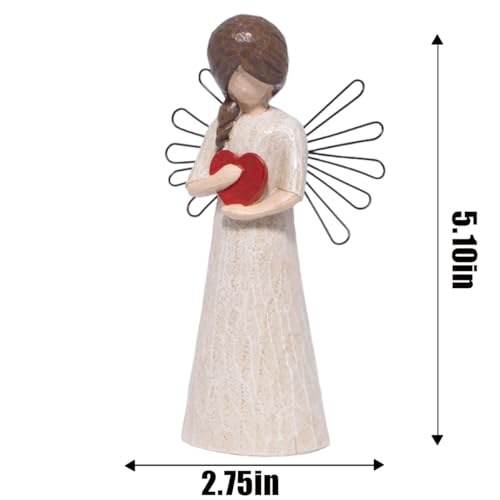 Hodao Angel Figurine with Red Heart, 5.1" Resin Wood-Carved Look with Metal Wire Wings, Hand-Painted Indoor Home Decorations, Spiritual Holiday Decor Ornaments, Gift-Ready Box - style: Z-holding heart-small