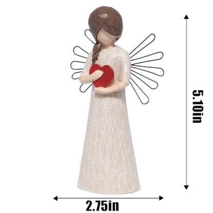 Hodao Angel Figurine with Red Heart, 5.1" Resin Wood-Carved Look with Metal Wire Wings, Hand-Painted Indoor Home Decorations, Spiritual Holiday Decor Ornaments, Gift-Ready Box - style: Z-holding heart-small