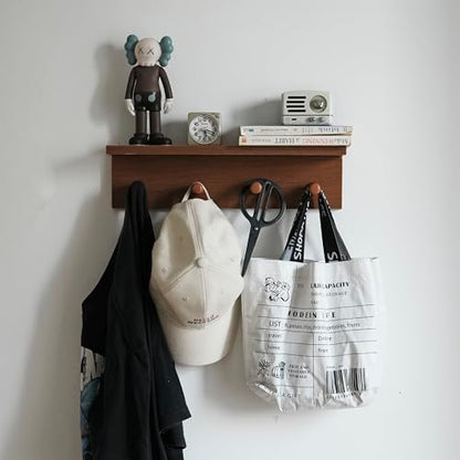 Wall Mounted Coat Rack with Shelf, Wooden Entryway Hooks, Teak Finish | Adjustable rail with movable wood hooks - color: Teak colored veneer