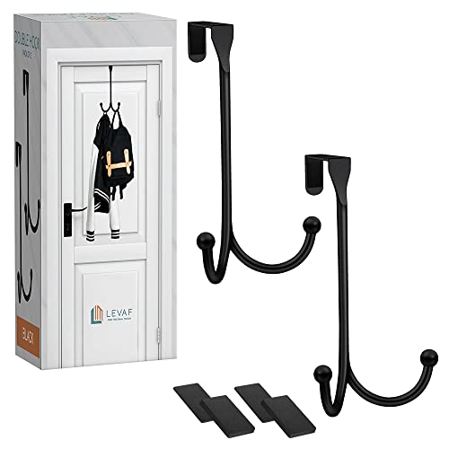 2-Pack Over The Door Hooks - with 2 Hang Heads & Snug Fit Pads Heavy Duty Hook for Hanging Coats, Towels, Caps & Robes - Elegant Matt Finish - No Drill Hanger Organizer - Black - color: Black, size: 2 Heads