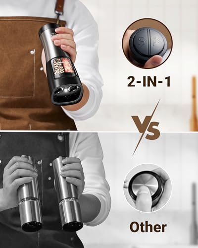 Sangcon 2-in-1 Rechargeable Salt and Pepper Grinder, USB-C Charging Base, One-Handed Automatic Grinder with Adjustable Coarseness & Light, Dual-Chamber Refillable Mill, Housewarming Gifts for Cooks - color: Gunmetal Plus