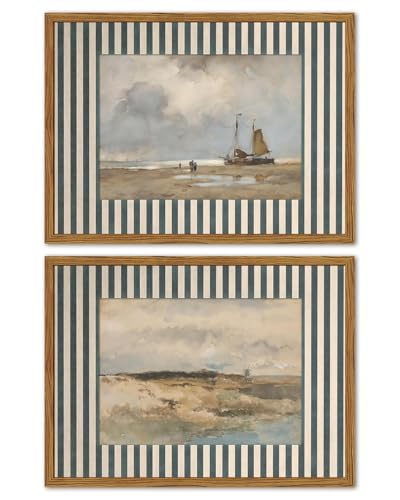 Framed Vintage Coastal Landscape Wall Art Set of 2, Retro Blue and White Striped Beach Sailboat Pictures Wall Decor, Rustic Beachy Nautical Paintings Canvas Prints for Living Room Bathroom 16x24 inch - color: Blue and White Striped, size: 24L" x 16W"