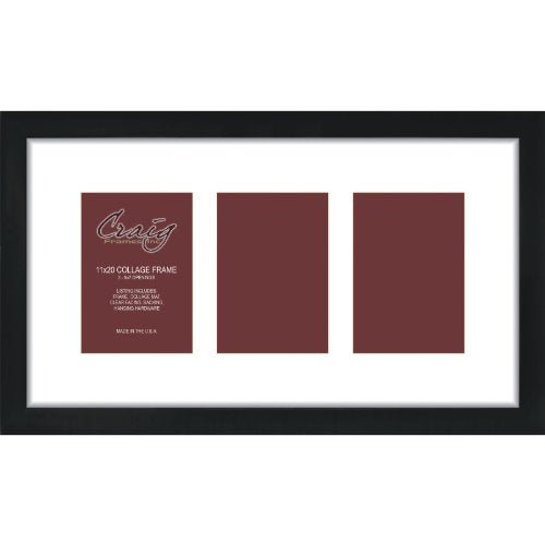 Craig Frames Contemporary, 11x20 Black Picture Frame with White Collage Mat, 3 Openings for 5x7 Prints - color: 3 5x7 Openings - 2" Border