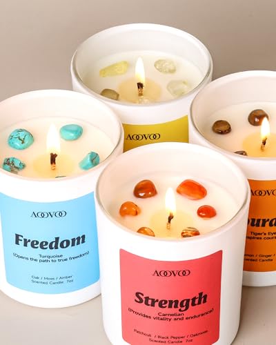 AOOVOO Empower Candles Set for Women - 4 Pack Soy Candles for Home Scented | Aromatherapy Candle with Crystals, Turquoise Freedom /Citrine Confidence /Carnelian Strength /Tiger's Eye Courage - style: Empower Candles Set