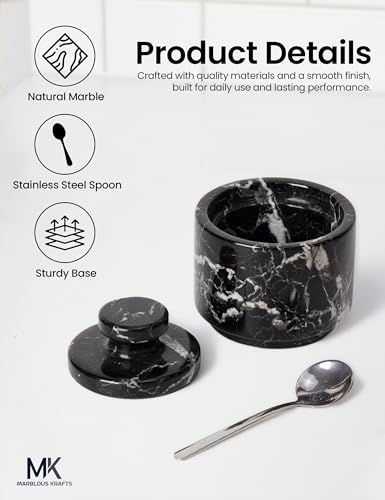 Marble Salt Cellar with Lid and Spoon 3" Black Zebra Flaky Salt, Seasoning Containers, Ideal Small Spices, Sugar Jars, kitchen accessories - color: Black