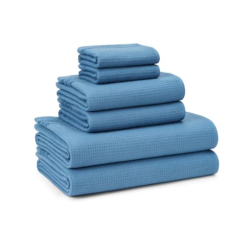 TOWN & COUNTRY BASICS 6-Piece Assorted Waffle Woven Terry Stripe Set, 2-Bath Towels, 2-Hand Towels, 2-Washcloths, 100% Cotton, Quick Dry, Blue - color: Blue