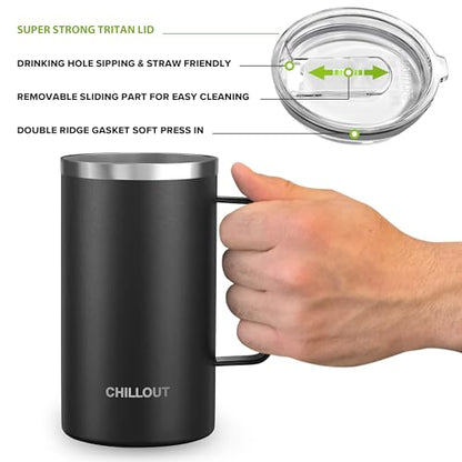 CHILLOUT LIFE Stainless Steel 20 oz Vacuum Insulated Coffee Mug with Handle and Lid, Large Thermal Camping Coffee Mug Cup with Durable Sliding Lid for Men & Women, Keeps your Beverages Hot/Cold - color: Black, size: 20 Ounces