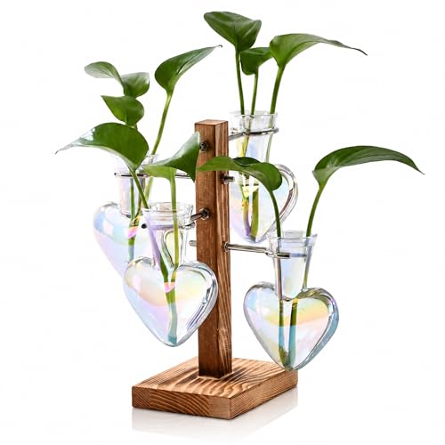 Plant Terrarium Propagation Stations: Clear Vase with Wooden Stand | 4 Irised Crystal Glass, Heart Shaped, Home Table Decor, Birthday Gifts for Plant Lovers Women Mom Wife - color: White