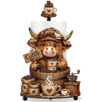 Coffee Highland Cow Paper Towel Holder Coffees Kitchen Decor Farmhouse Metal Highland Cow Coffee Bar Accessories Stand with Round Base for Home Bathroom Countertop Toilet Caffee Lover Gifts - style: Coffee