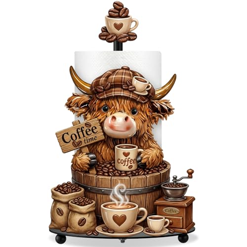 Coffee Highland Cow Paper Towel Holder Coffees Kitchen Decor Farmhouse Metal Highland Cow Coffee Bar Accessories Stand with Round Base for Home Bathroom Countertop Toilet Caffee Lover Gifts - style: Coffee