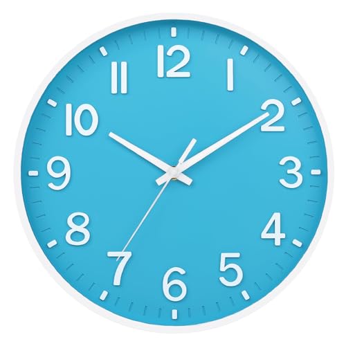HZDHCLH Wall Clocks Battery Operated,Wall Clock Blue and White 10 inch Wall Clock Silent Non Ticking Modern 3D Numbers for Office Kitchen Classroom Bedroom Living Room Decor - color: Blue, size: 10 inch