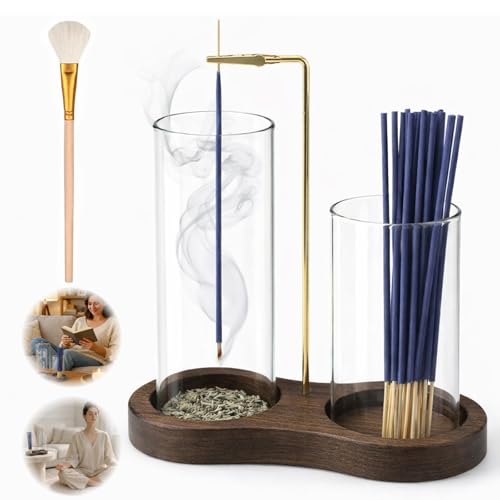 2-in-1 Incense Holder with Glass Ash Catcher & Stick Storage, Wooden Incense Burner for Relaxation, Stress Relief, Mess-Free Home Use, Self-Care, Meditation, Yoga, Bedroom & Living Room (Sapele) - color: Sapele