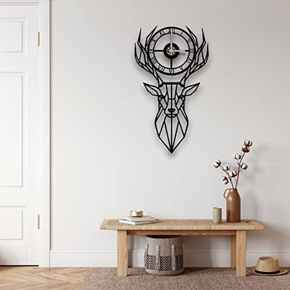 DEKADRON Metal Wall Clock, Metal Deer Head, Metal Wall Art, Metal Wall Decor, Geometric Wall Art, Wall Clock with Numbers (Black) - color: Black