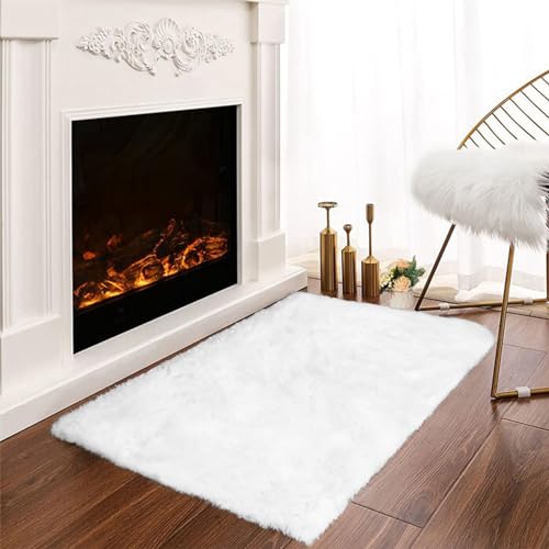 Latepis White Throw Rug 2x3 Small Furry Rugs for Bedroom Faux Rabbit Fur Rug Soft Washable Shag Bedside Fluffy Rugs for Living Room, Dorm, Nursey Chair Seat Cover Home Decor - color: White, size: 2' x 3' (Rectangular)
