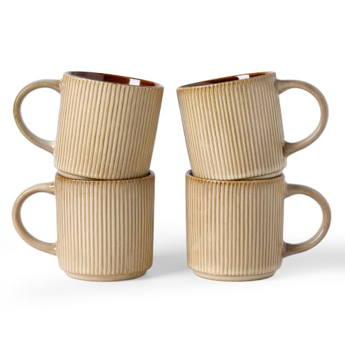 famiware Coffee Mug Set of 4, Star 12 oz Ceramic Mugs Cups Set with Handle | Stoneware Stackable Catering Cup for Coffee, Tea, Cappuccino, Latte, Microwave & Dishwasher Safe, Cream Cocoa - color: Star-Cream Cocoa, size: 4 Count (Pack of 1)